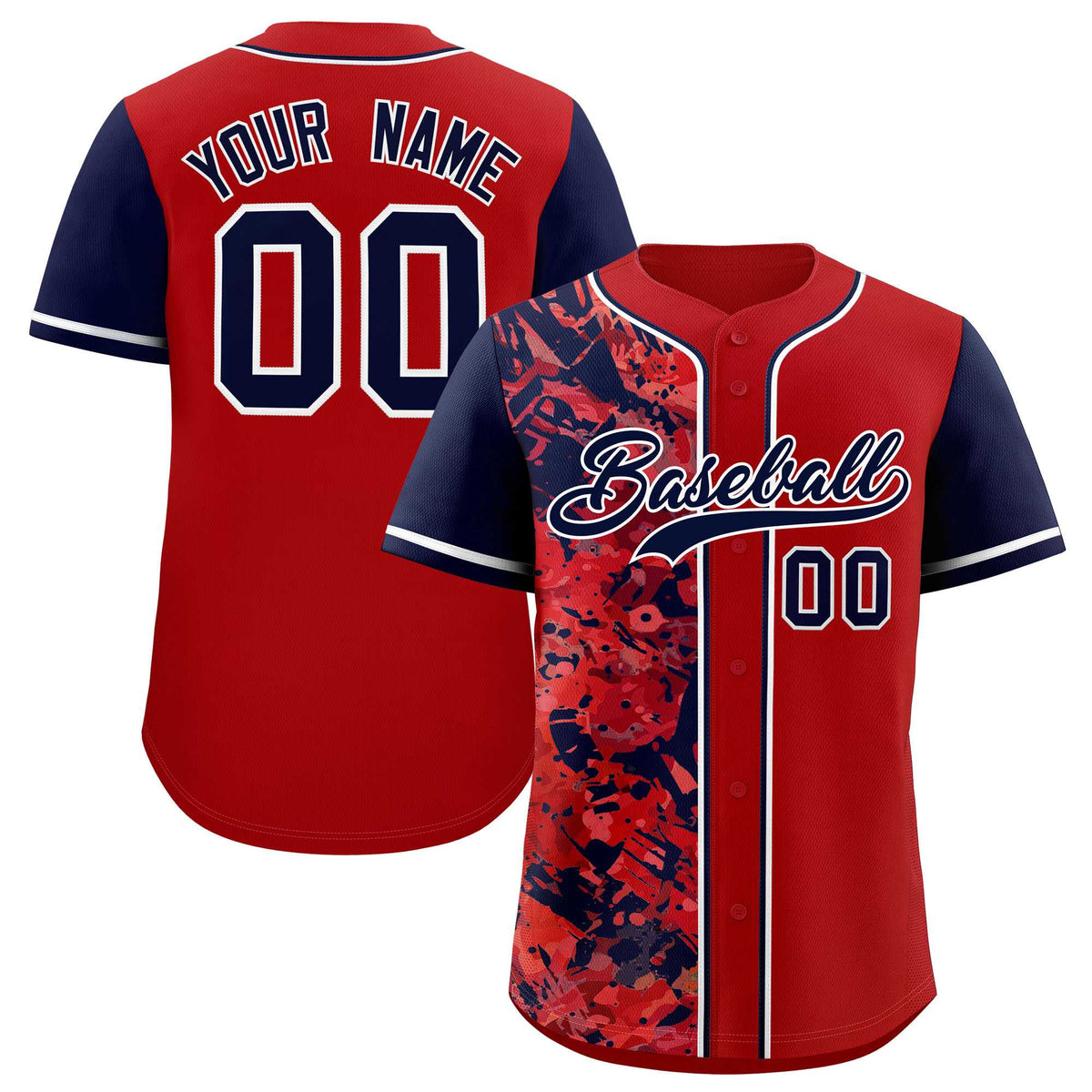 Custom Red Navy Split Personalized Graffiti Raglan Sleeve Authentic Baseball Jersey