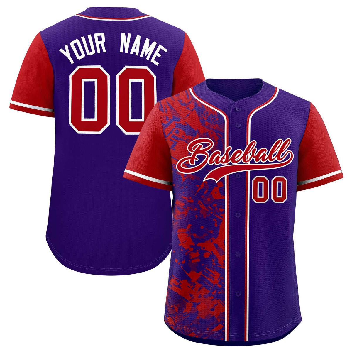 Custom Purple Red Split Personalized Graffiti Raglan Sleeve Authentic Baseball Jersey