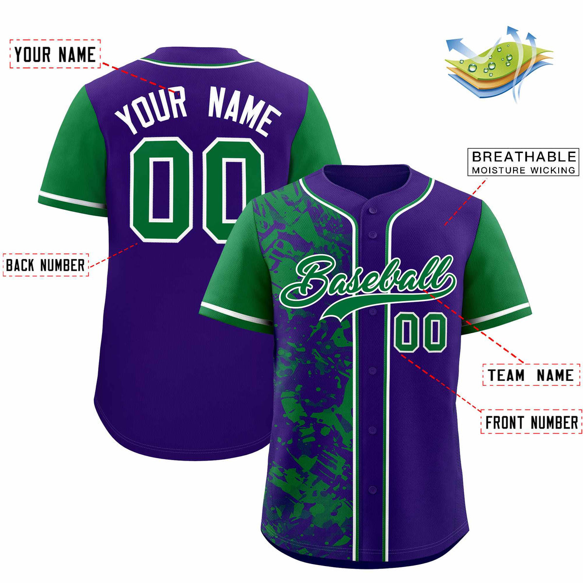 Custom Purple Green Split Personalized Graffiti Raglan Sleeve Authentic Baseball Jersey