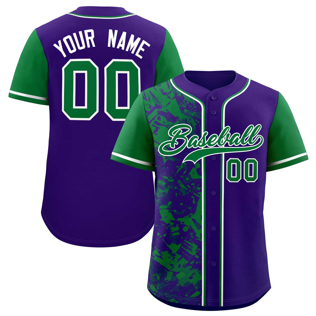 Custom Purple Green Split Personalized Graffiti Raglan Sleeve Authentic Baseball Jersey