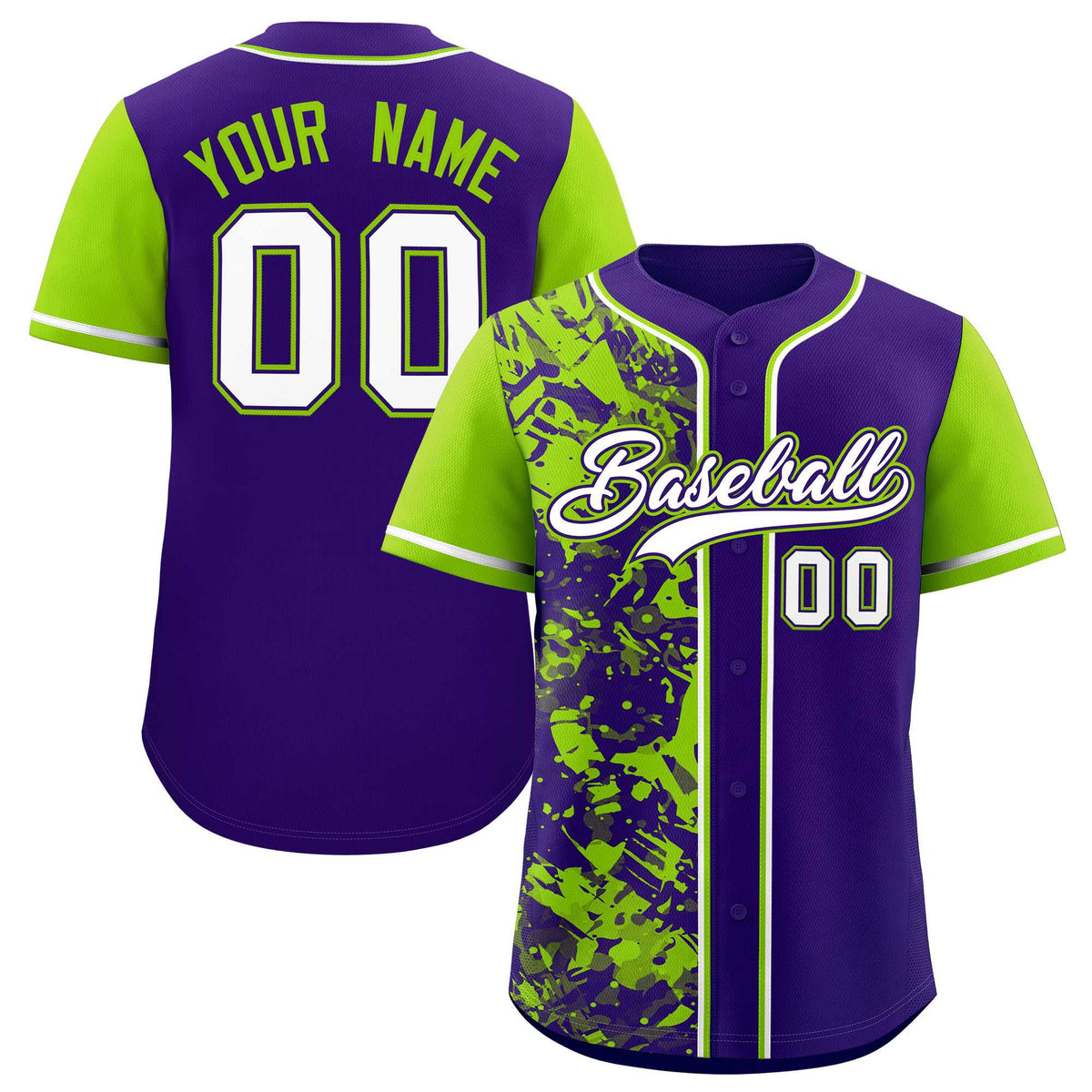 Custom Purple Neon Green Split Personalized Graffiti Raglan Sleeve Authentic Baseball Jersey