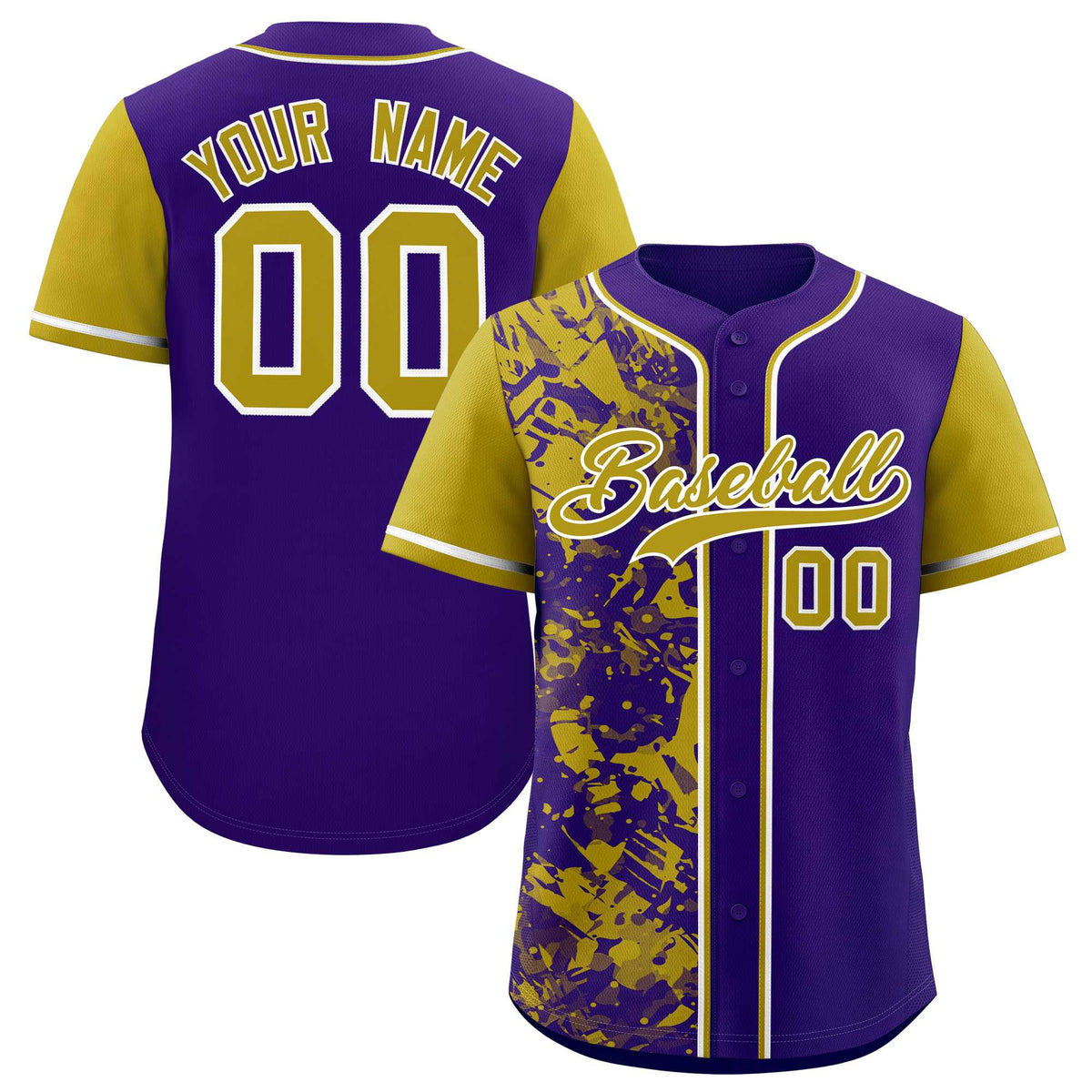 Custom Purple Old Gold Split Personalized Graffiti Raglan Sleeve Authentic Baseball Jersey
