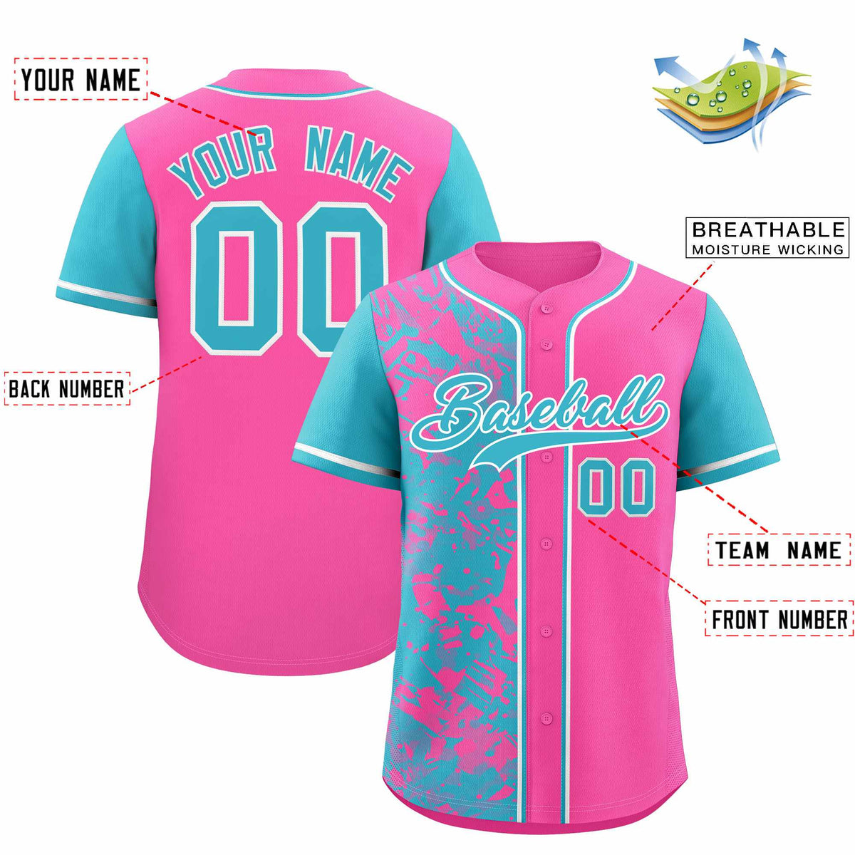 Custom Pink Sky Blue Split Personalized Graffiti Raglan Sleeve Authentic Baseball Jersey