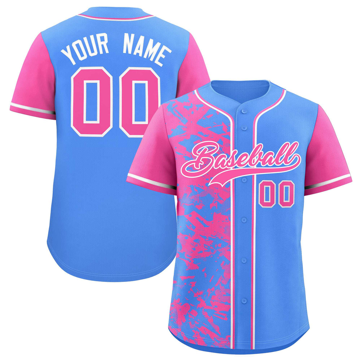 Custom Blue Pink Split Personalized Graffiti Raglan Sleeve Authentic Baseball Jersey