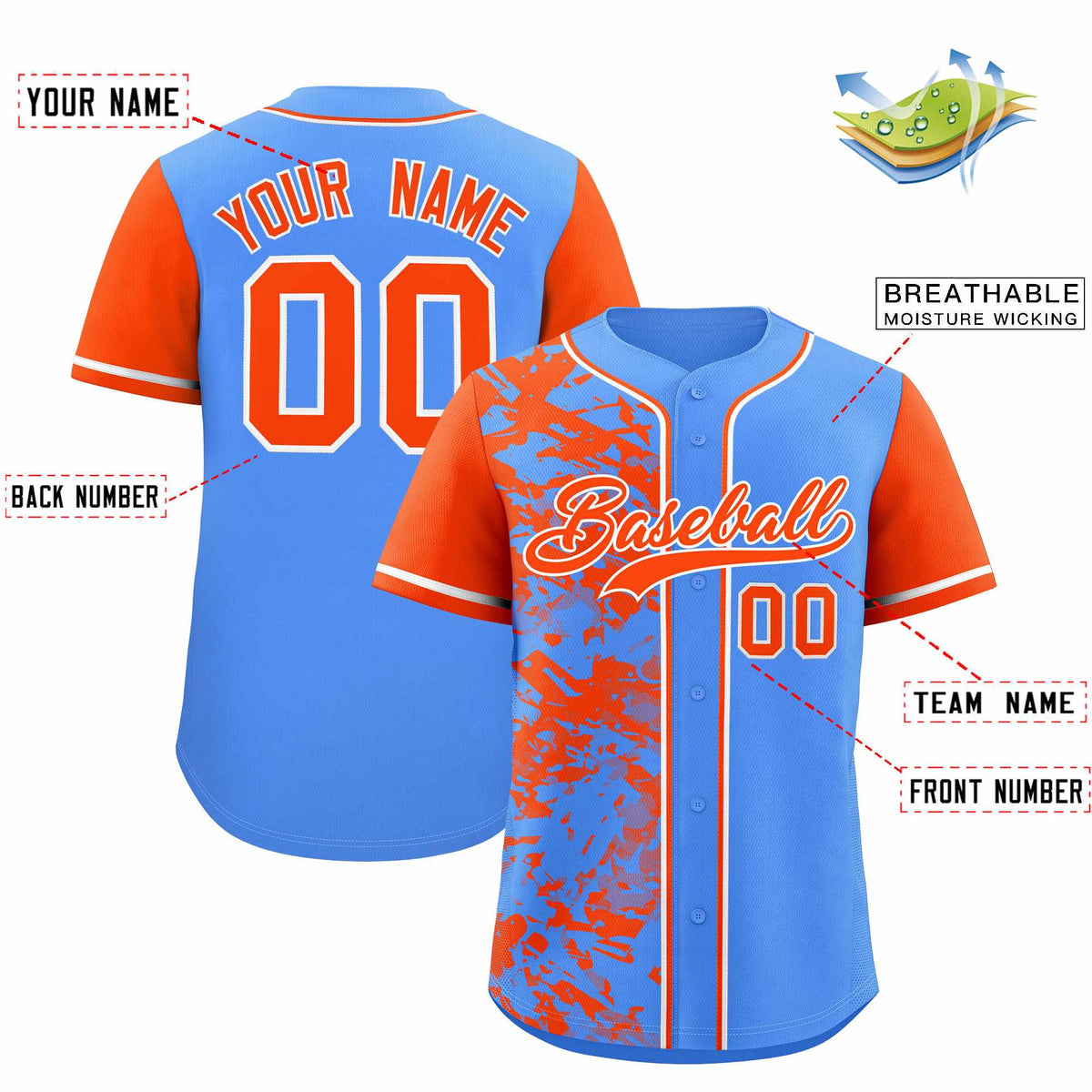 Custom Blue Orange Split Personalized Graffiti Raglan Sleeve Authentic Baseball Jersey