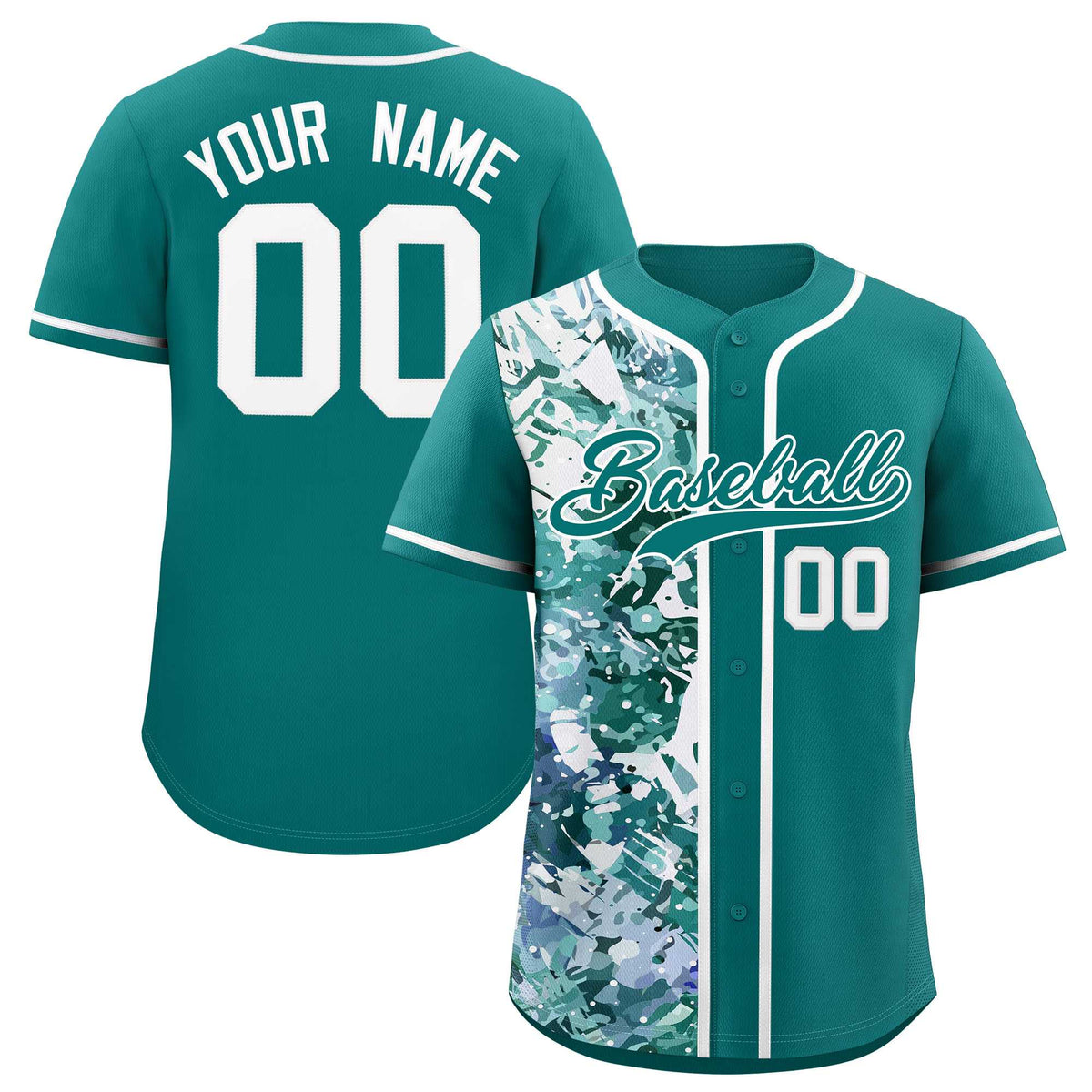 Custom Aqua White Split Personalized Graffiti Raglan Sleeve Authentic Baseball Jersey