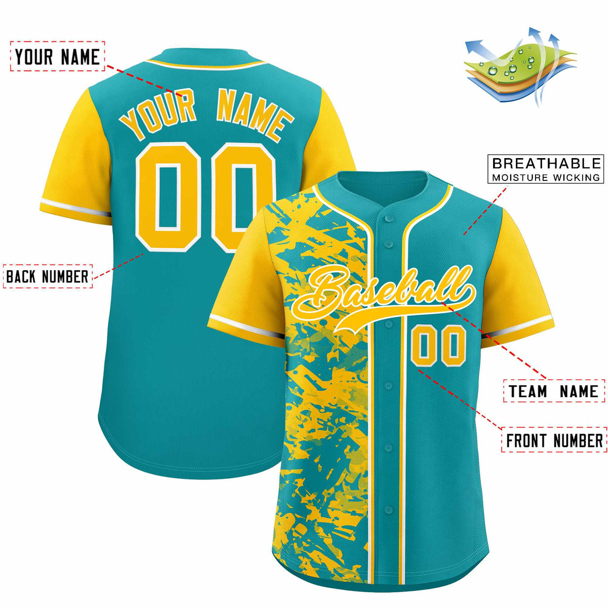 Custom Aqua Yellow Split Personalized Graffiti Raglan Sleeve Authentic Baseball Jersey