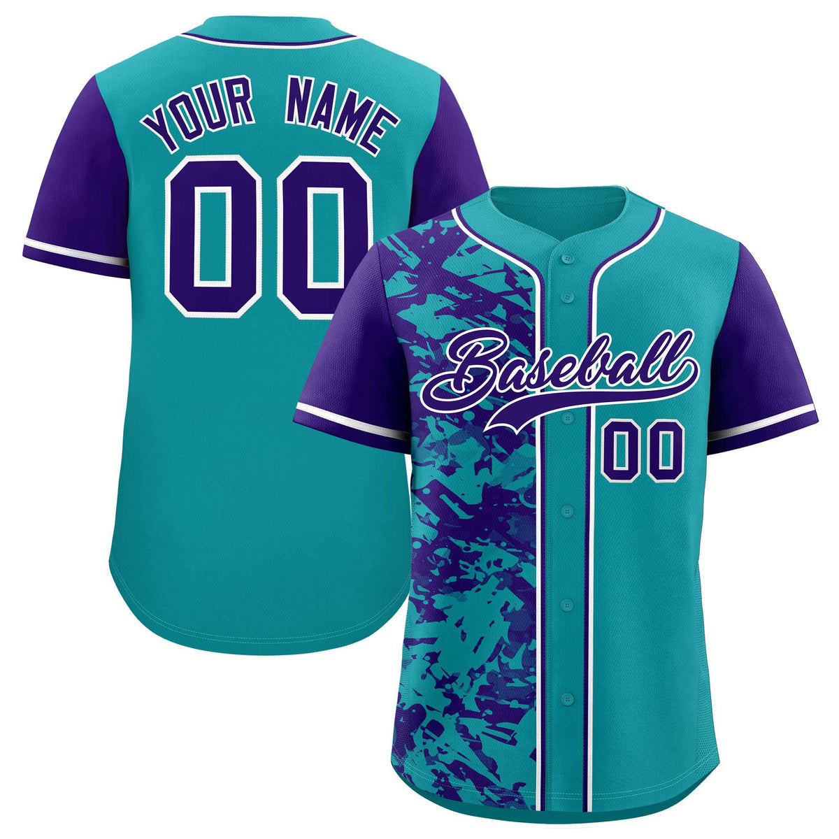 Custom Teal Purple Split Personalized Graffiti Raglan Sleeve Authentic Baseball Jersey