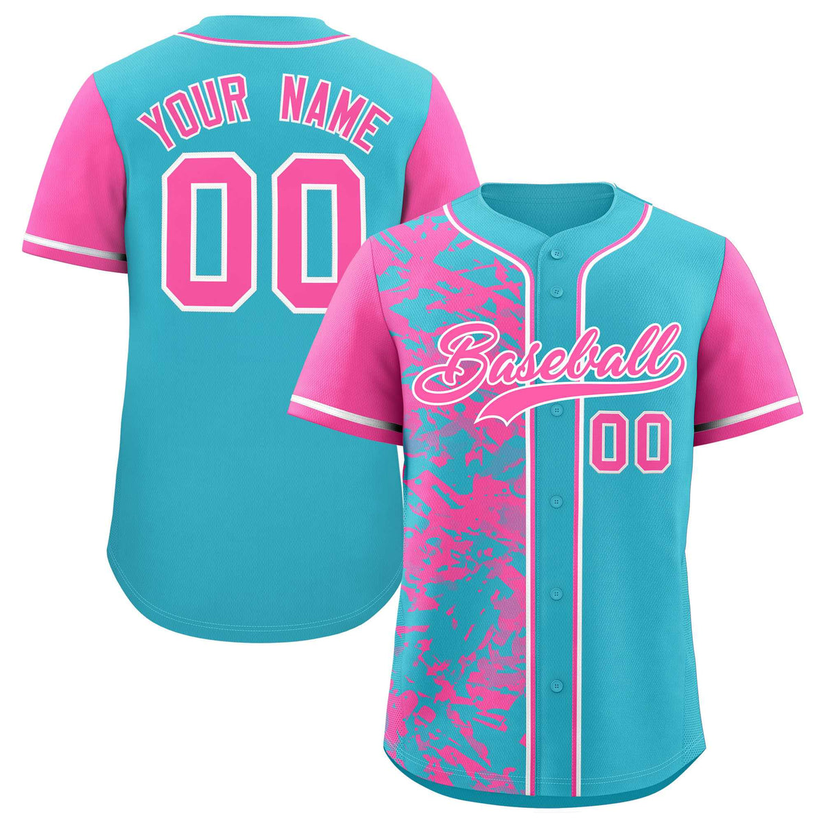 Custom Sky Blue Pink Split Personalized Graffiti Raglan Sleeve Authentic Baseball Jersey