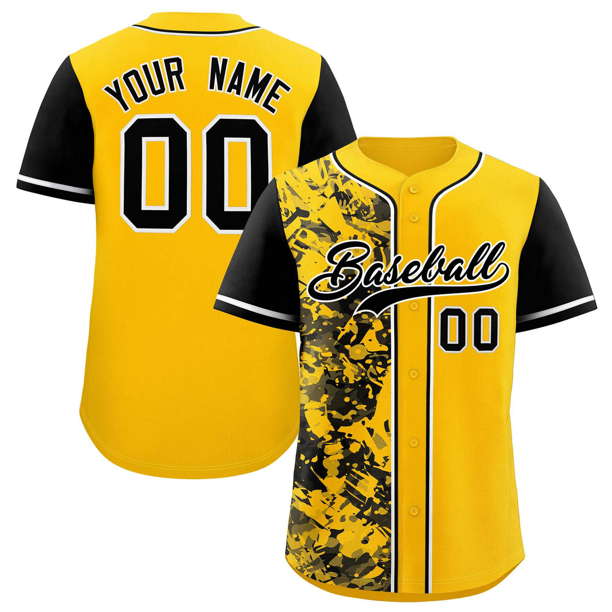 Custom Yellow Black Split Personalized Graffiti Raglan Sleeve Authentic Baseball Jersey