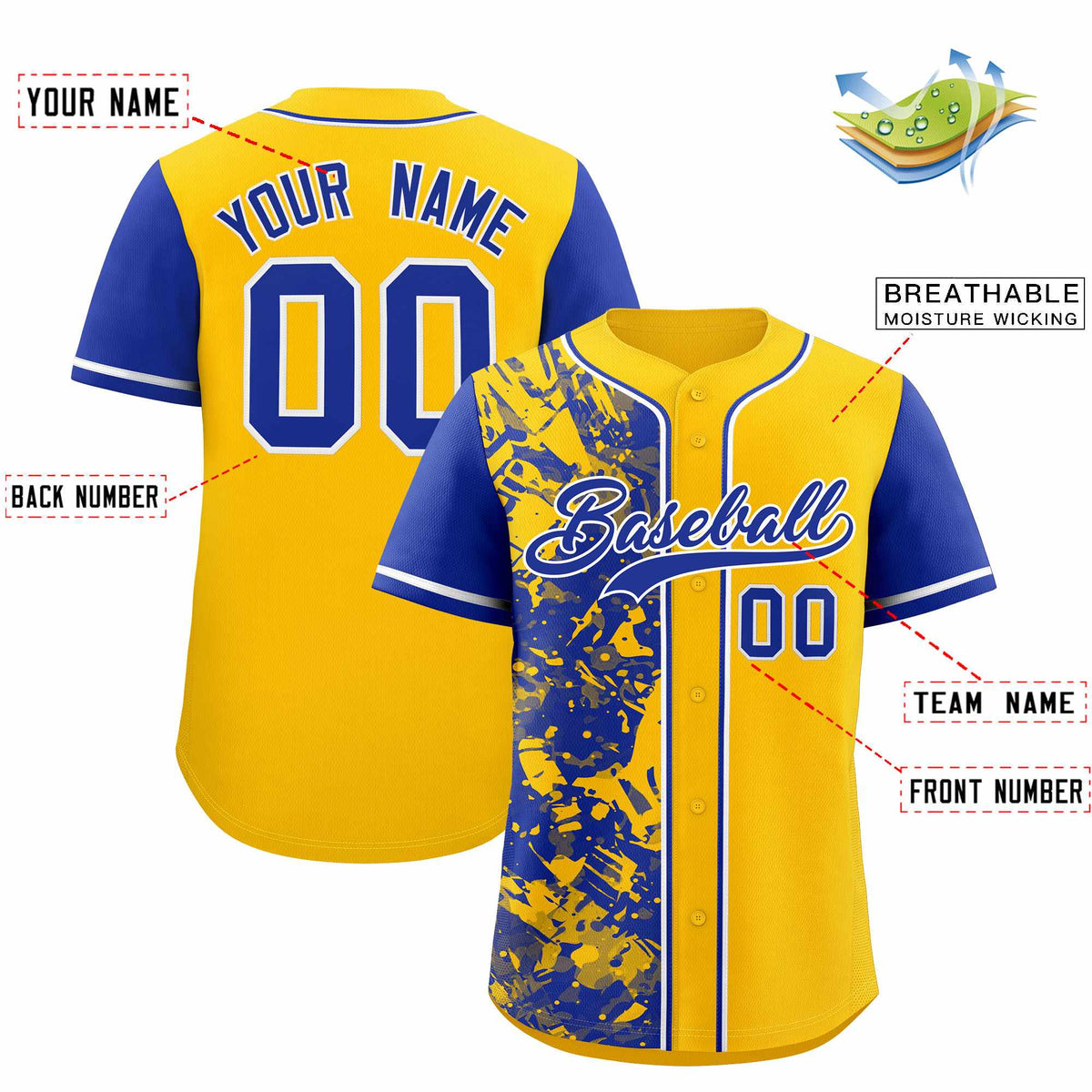 Custom Yellow Royal Split Personalized Graffiti Raglan Sleeve Authentic Baseball Jersey
