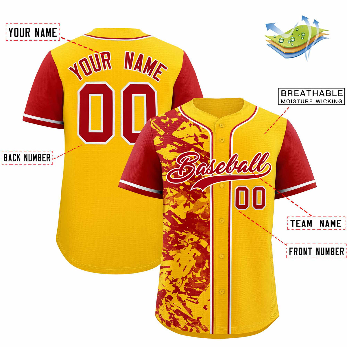 Custom Yellow Red Split Personalized Graffiti Raglan Sleeve Authentic Baseball Jersey