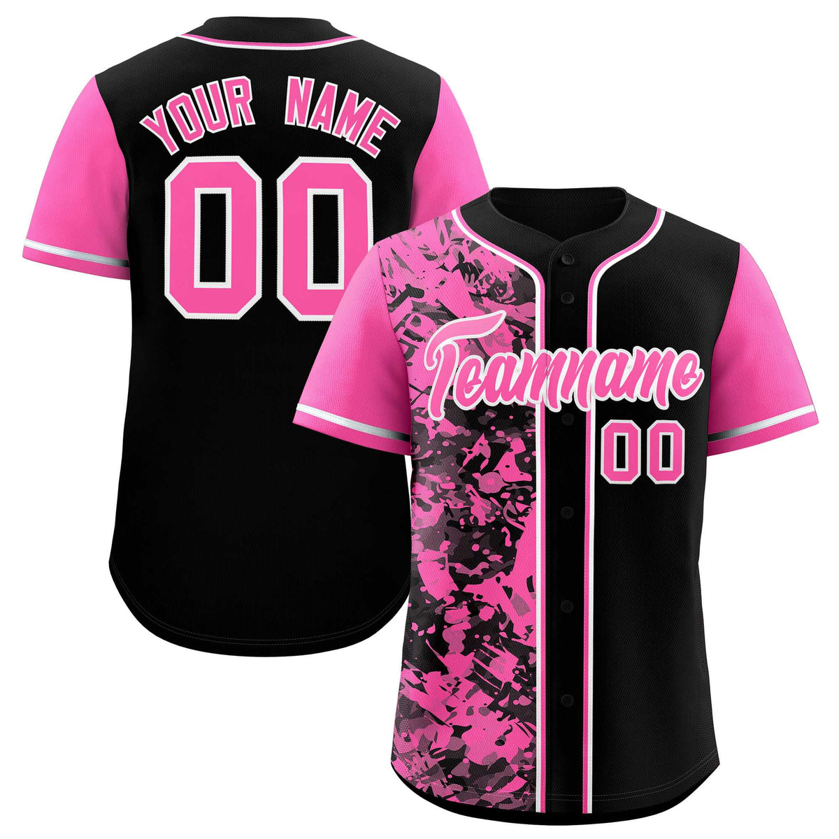 Custom Black Pink Split Personalized Graffiti Raglan Sleeve Authentic Baseball Jersey