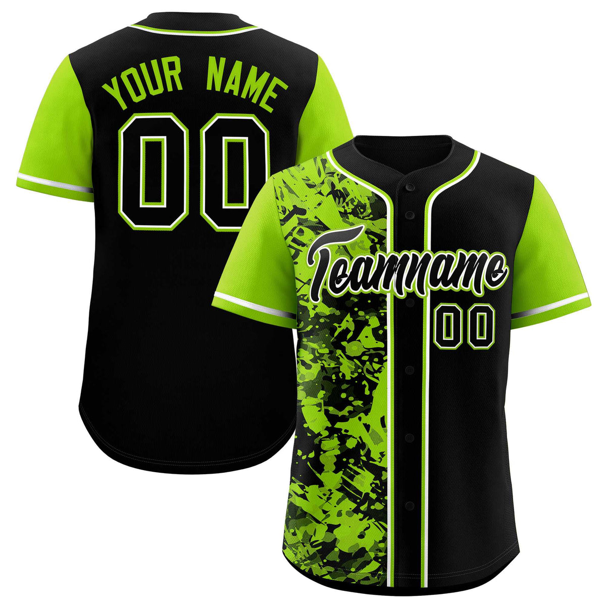 Custom Black Neon Green Split Personalized Graffiti Raglan Sleeve Authentic Baseball Jersey
