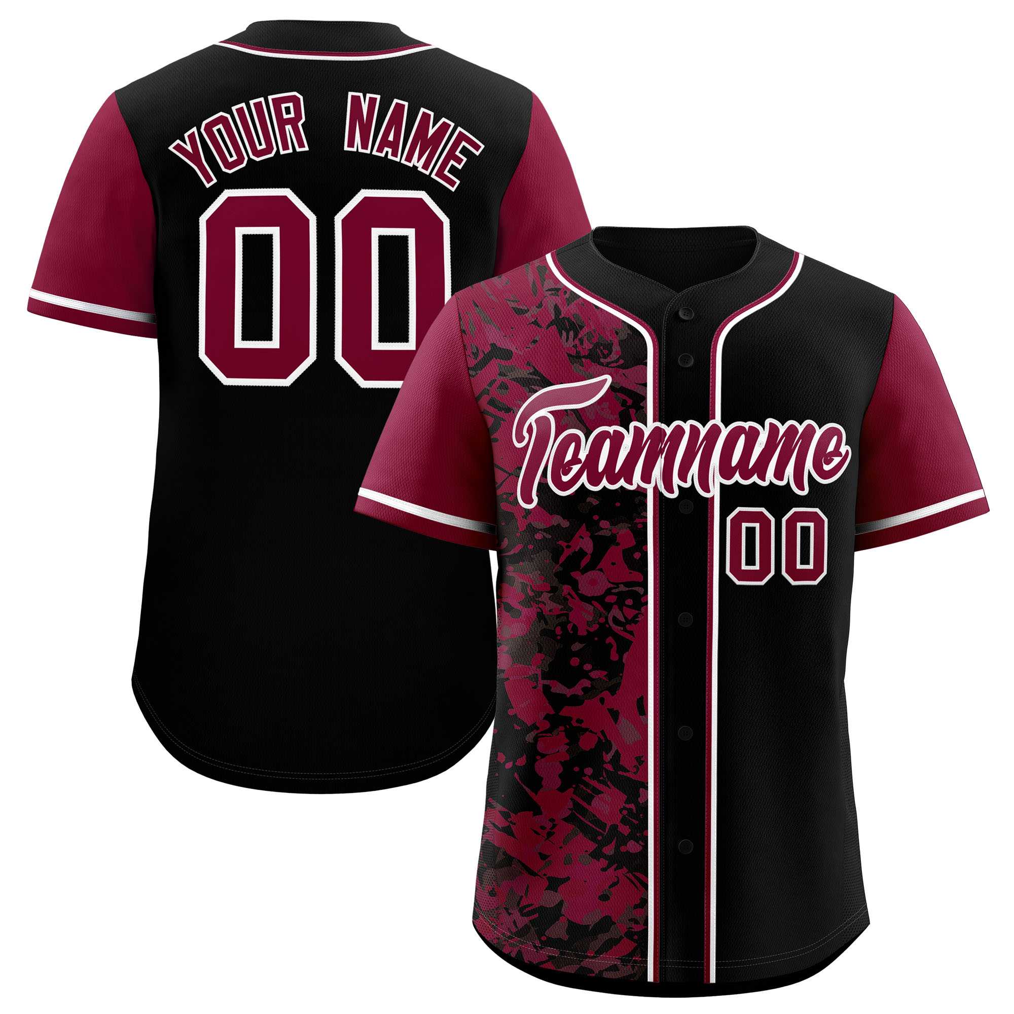 Custom Black Crimson Split Personalized Graffiti Raglan Sleeve Authentic Baseball Jersey