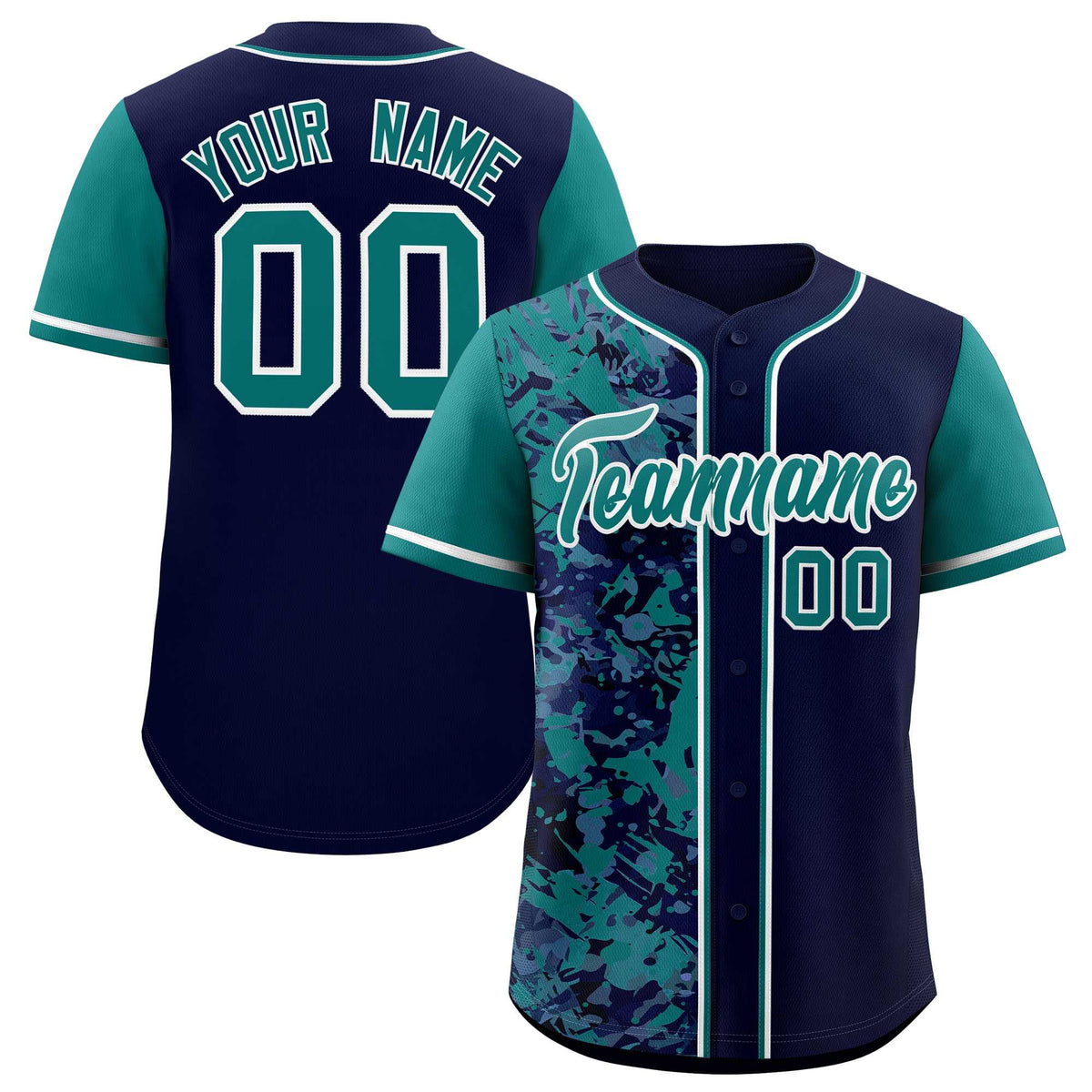 Custom Navy Aqua Split Personalized Graffiti Raglan Sleeve Authentic Baseball Jersey