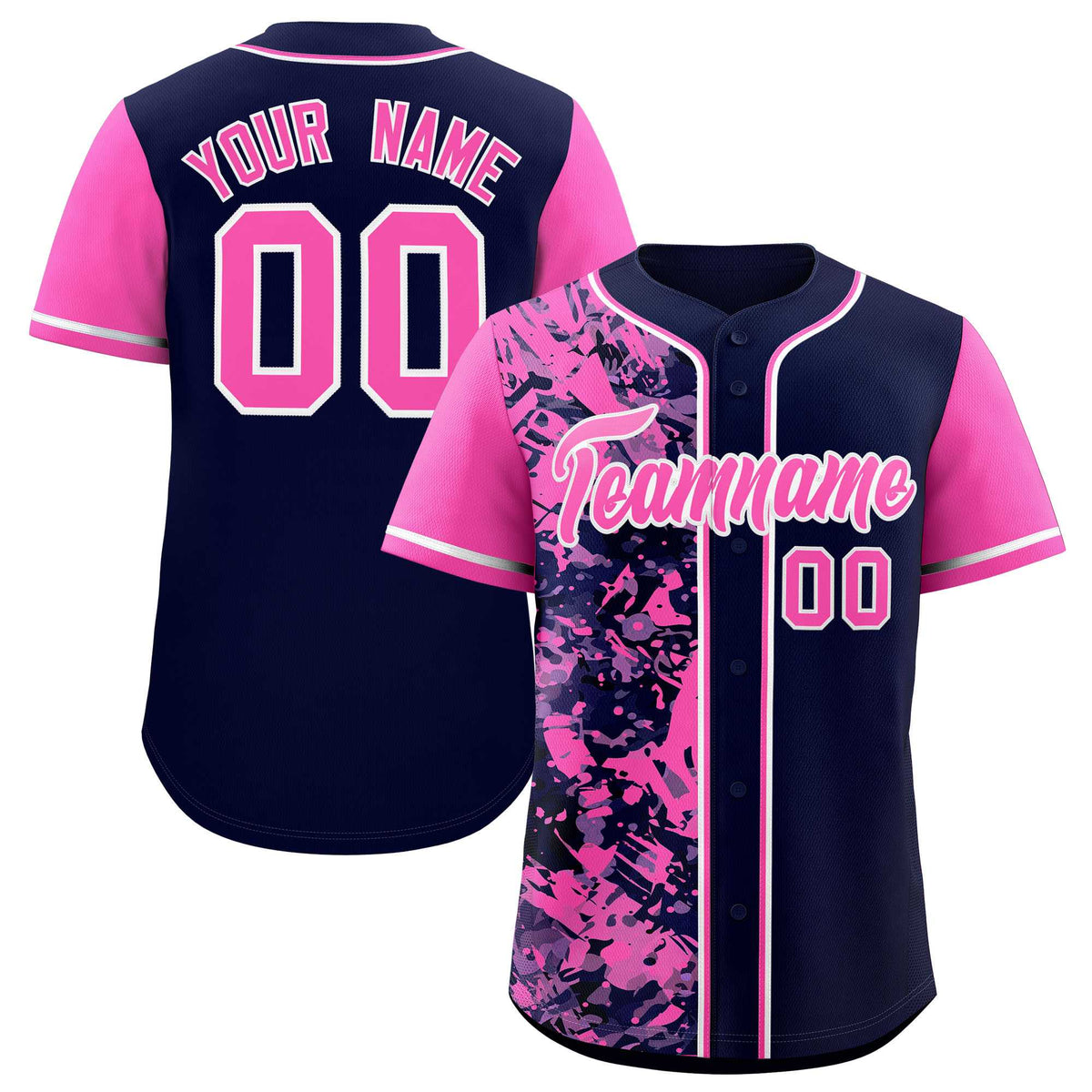 Custom Navy Pink Split Personalized Graffiti Raglan Sleeve Authentic Baseball Jersey