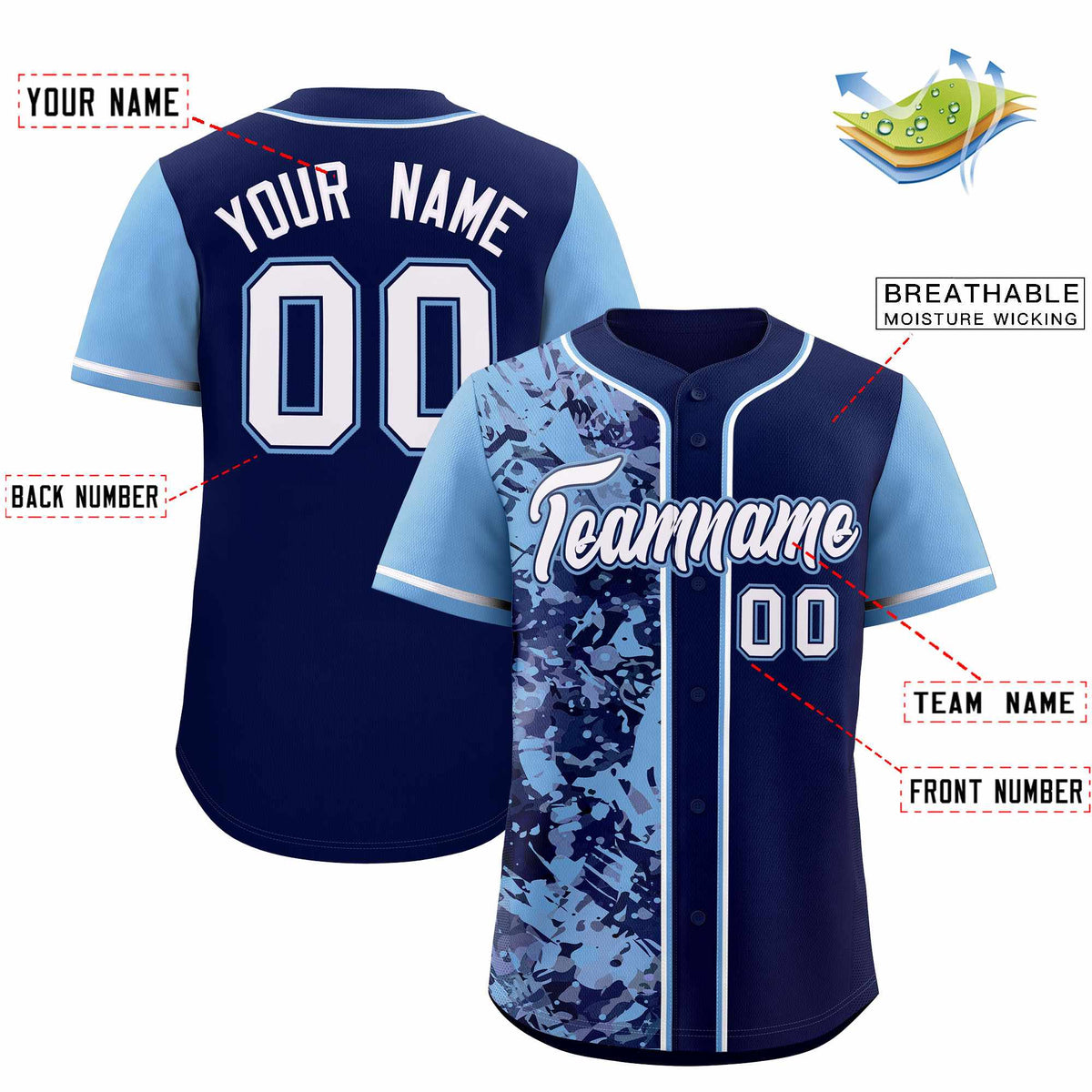 Custom Navy Powder Blue Split Personalized Graffiti Raglan Sleeve Authentic Baseball Jersey