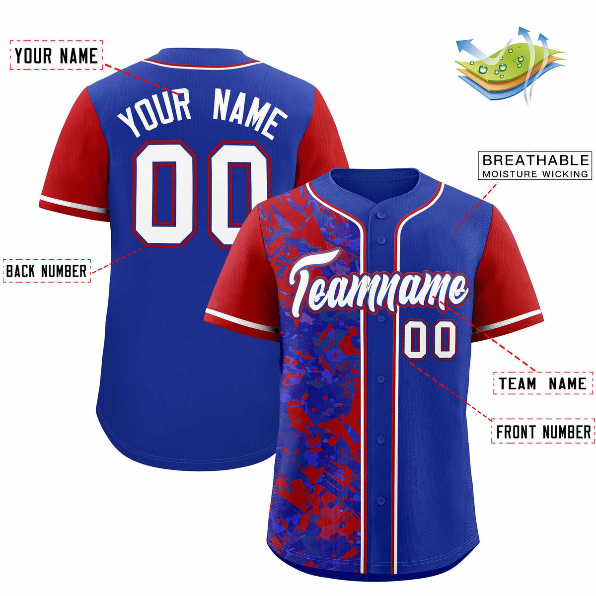 Custom Royal Red Split Personalized Graffiti Raglan Sleeve Authentic Baseball Jersey
