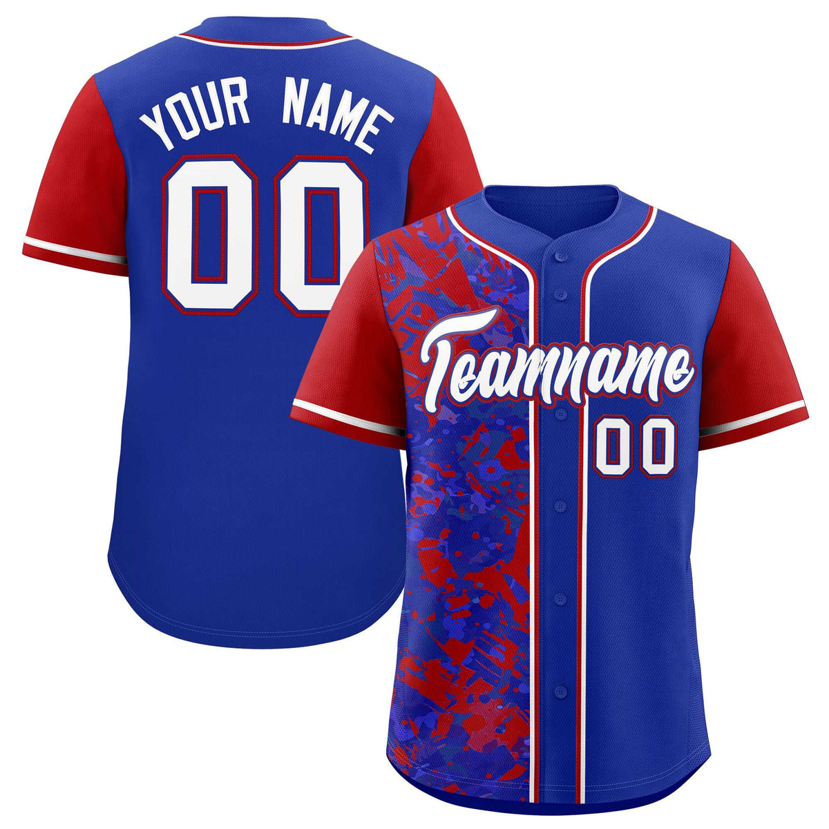 Custom Royal Red Split Personalized Graffiti Raglan Sleeve Authentic Baseball Jersey