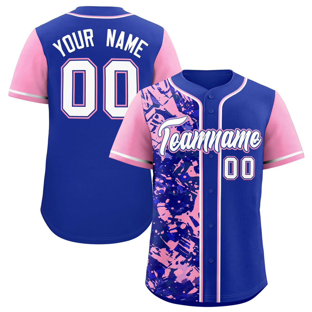 Custom Royal Light Pink Split Personalized Graffiti Raglan Sleeve Authentic Baseball Jersey