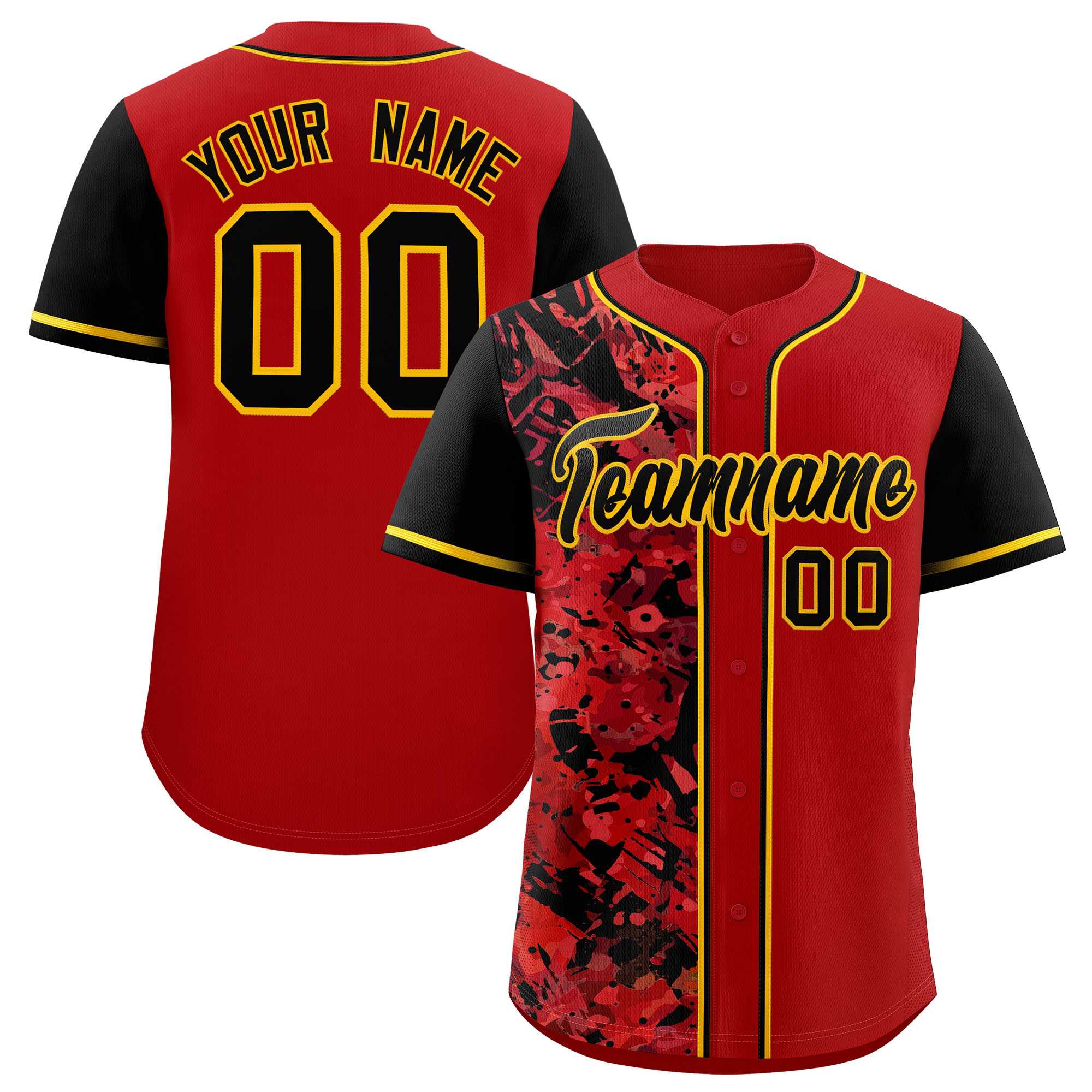 Custom Red Black Split Personalized Graffiti Raglan Sleeve Authentic Baseball Jersey