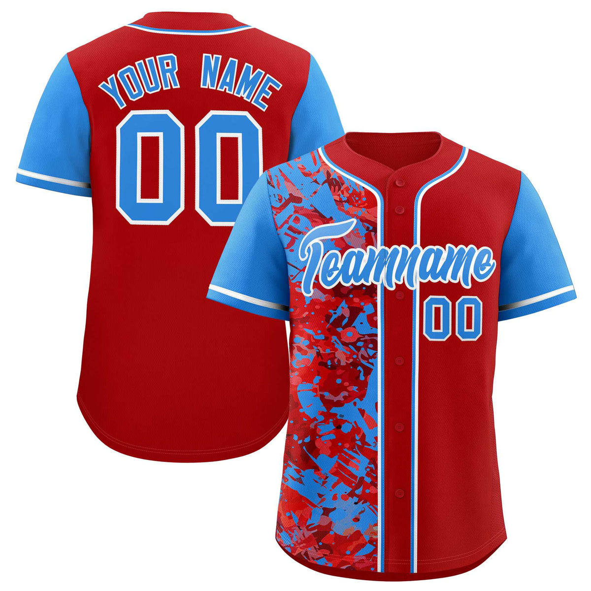 Custom Red Blue Split Personalized Graffiti Raglan Sleeve Authentic Baseball Jersey