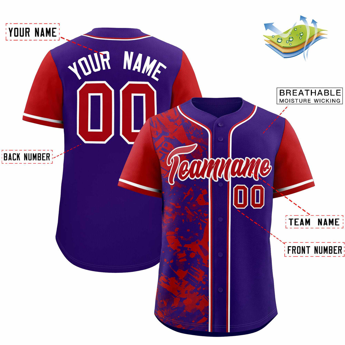 Custom Purple Red Split Personalized Graffiti Raglan Sleeve Authentic Baseball Jersey