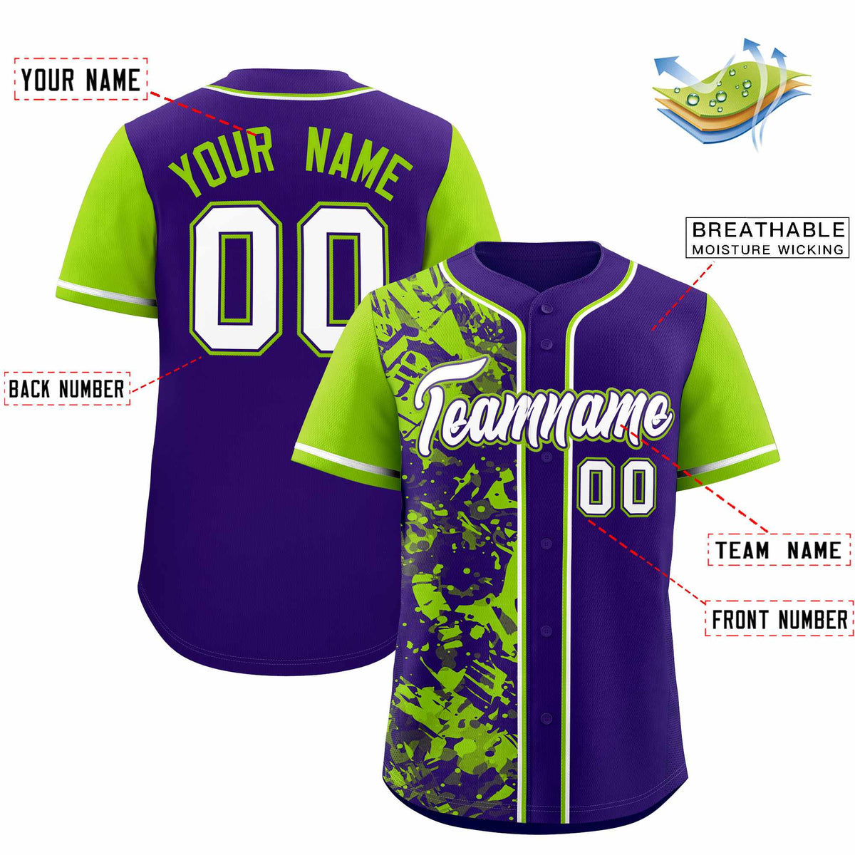 Custom Purple Neon Green Split Personalized Graffiti Raglan Sleeve Authentic Baseball Jersey