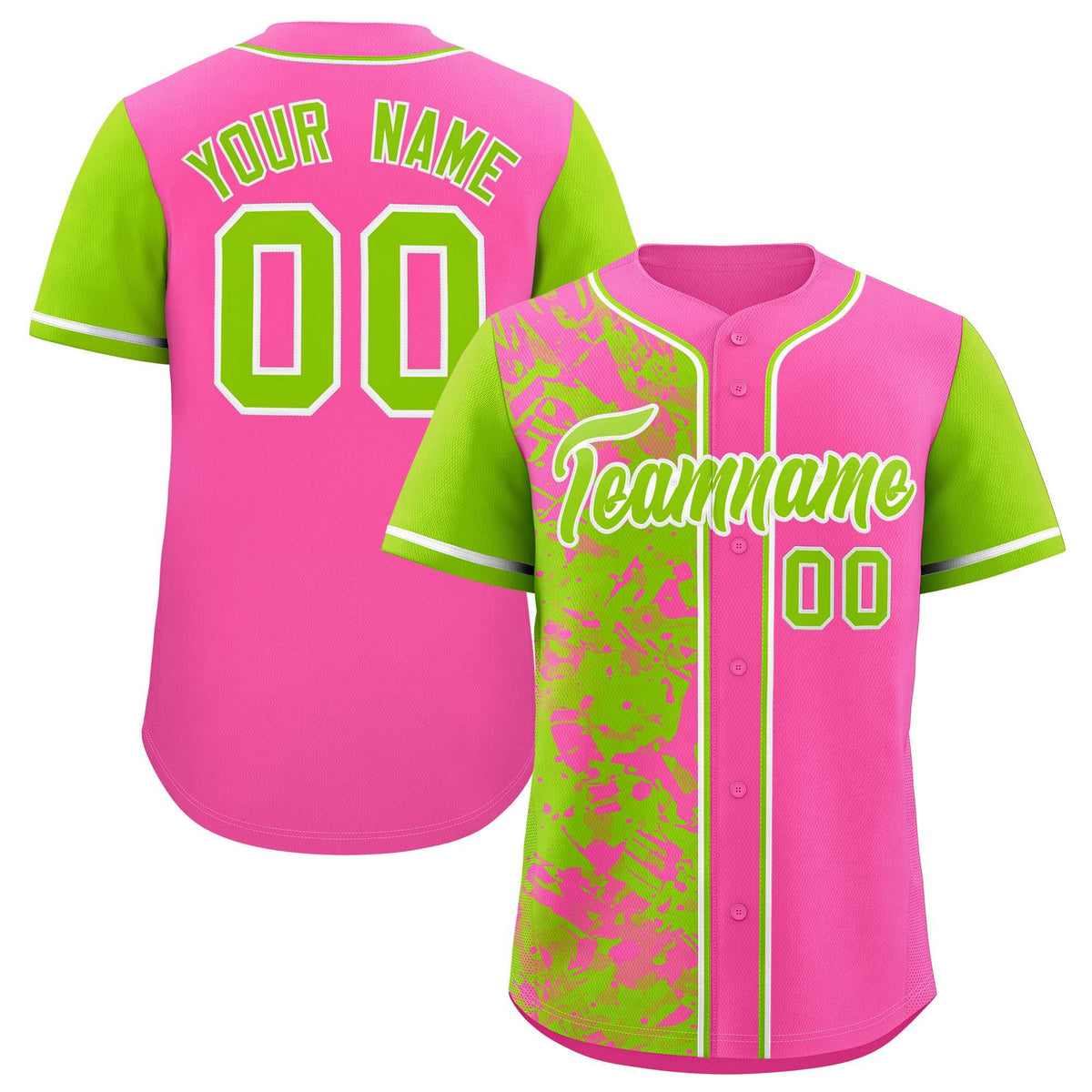 Custom Pink Neon Green Split Personalized Graffiti Raglan Sleeve Authentic Baseball Jersey