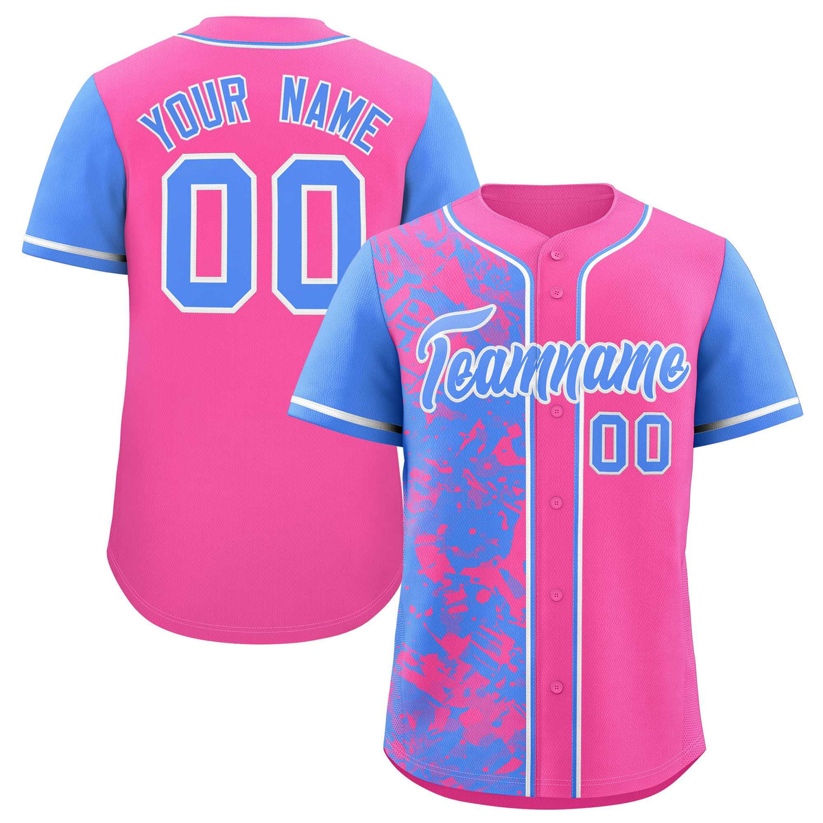 Custom Pink Powder Blue Split Personalized Graffiti Raglan Sleeve Authentic Baseball Jersey