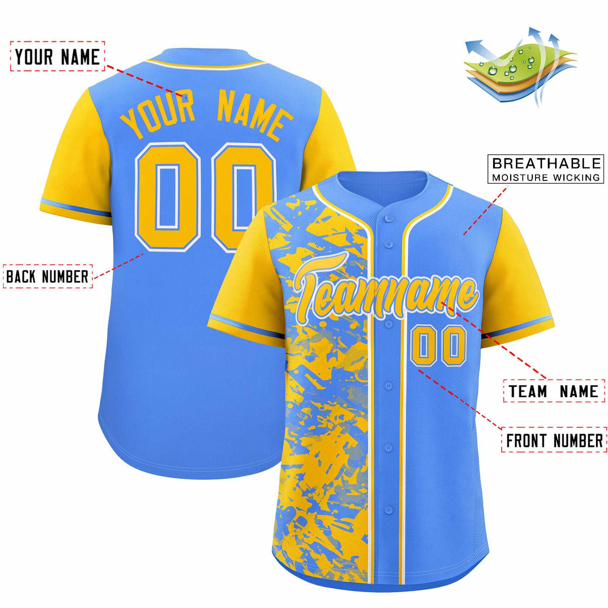 Custom Blue Yellow Split Personalized Graffiti Raglan Sleeve Authentic Baseball Jersey