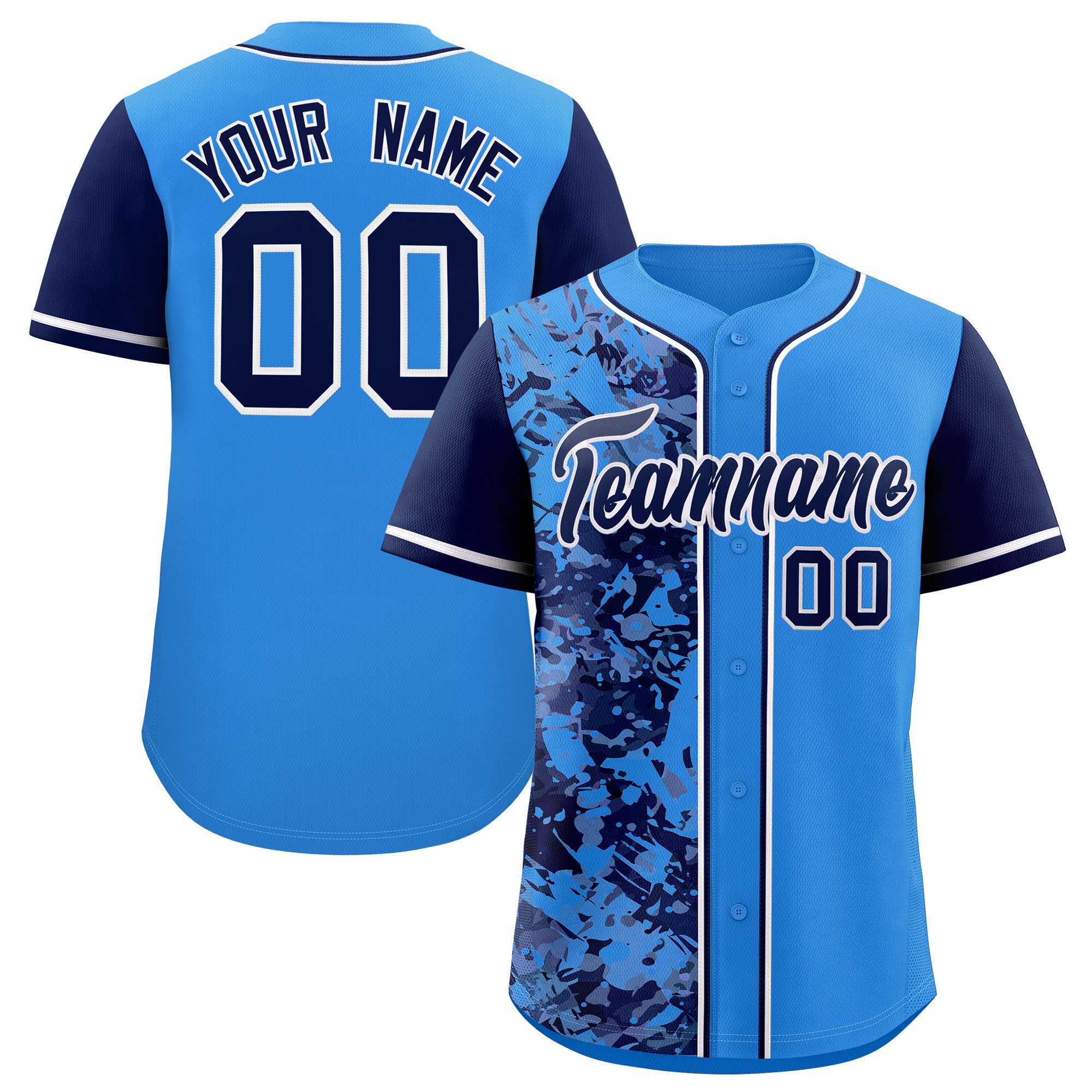 Custom Blue Navy Split Personalized Graffiti Raglan Sleeve Authentic Baseball Jersey