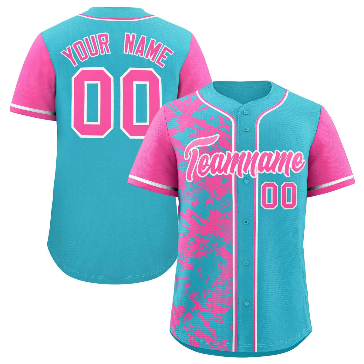 Custom Sky Blue Pink Split Personalized Graffiti Raglan Sleeve Authentic Baseball Jersey
