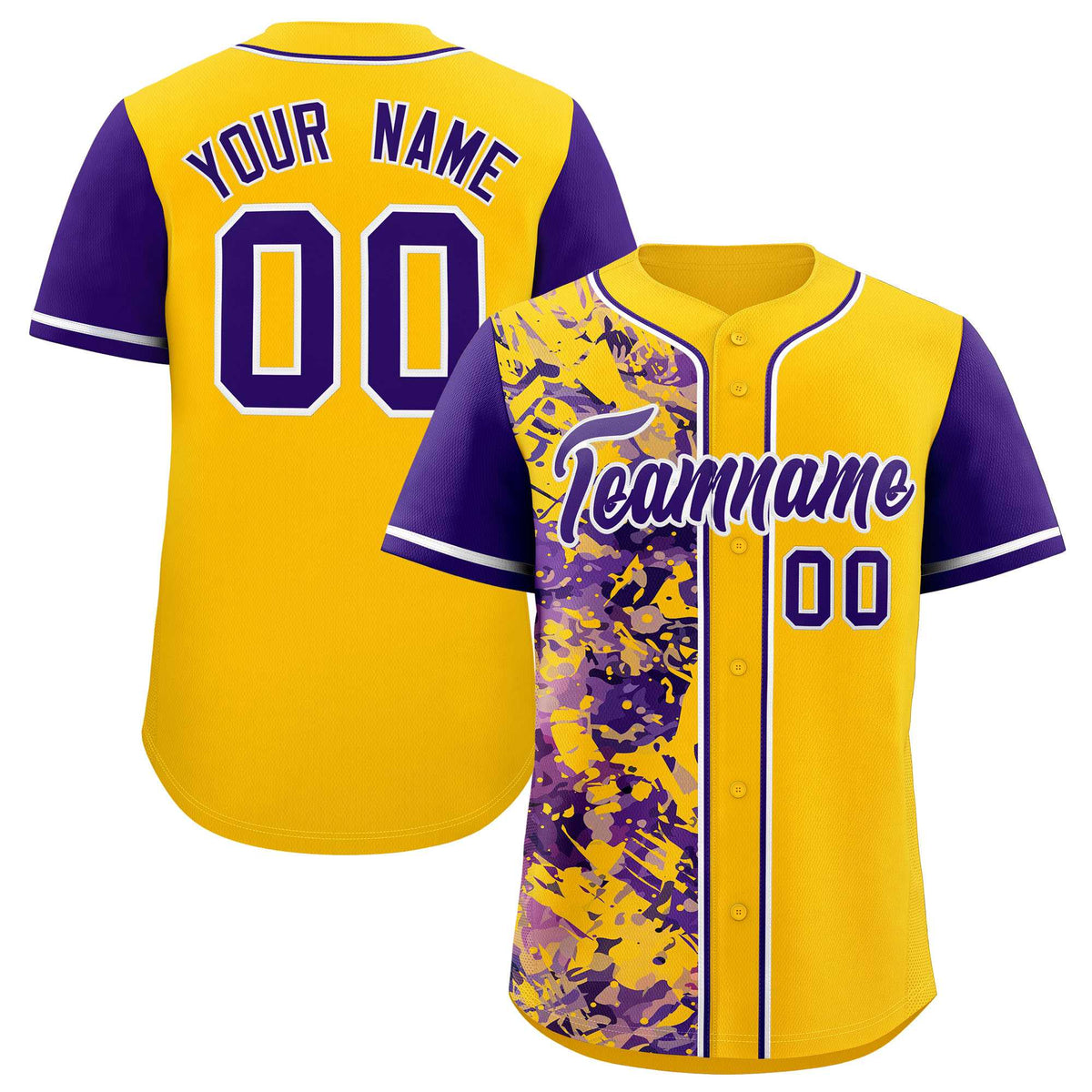 Custom Yellow Purple Split Personalized Graffiti Raglan Sleeve Authentic Baseball Jersey