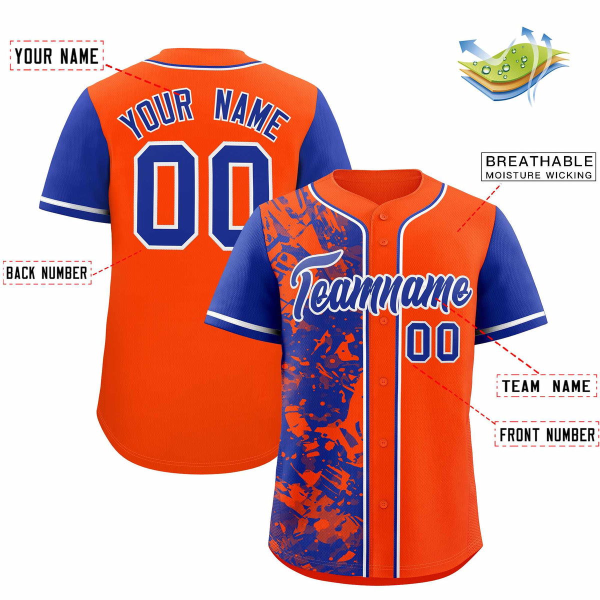 Custom Orange Royal Split Personalized Graffiti Raglan Sleeve Authentic Baseball Jersey