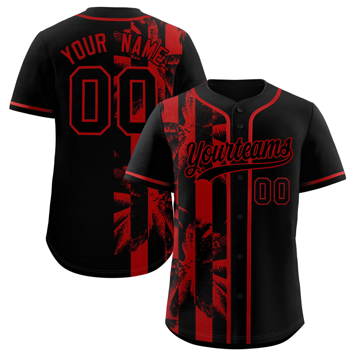 Custom Black Red Split Fashion Coconut Tree Design Authentic Baseball Jersey| KXKSHOP
