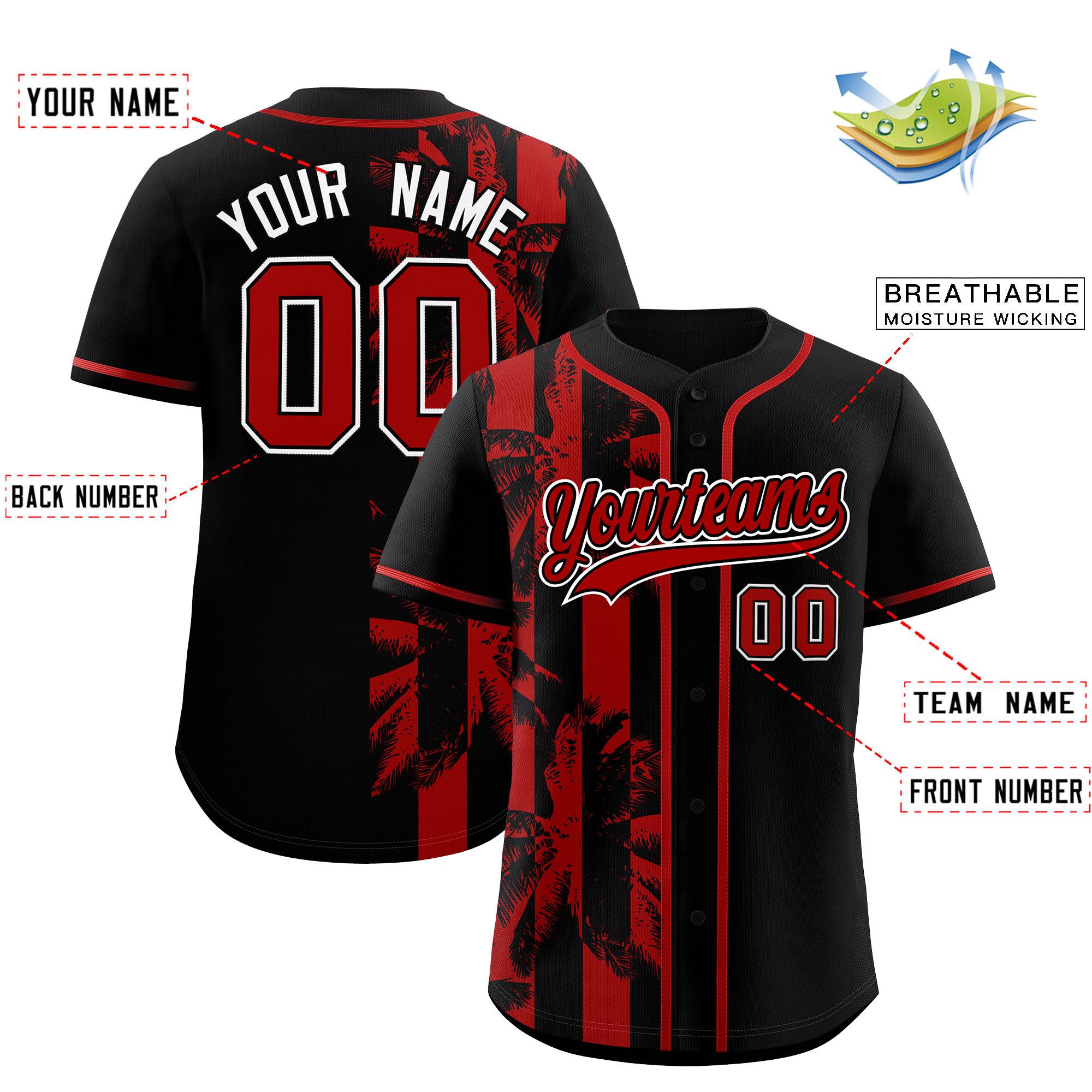 Custom Black Red Split Fashion Coconut Tree Design Authentic Baseball Jersey| KXKSHOP