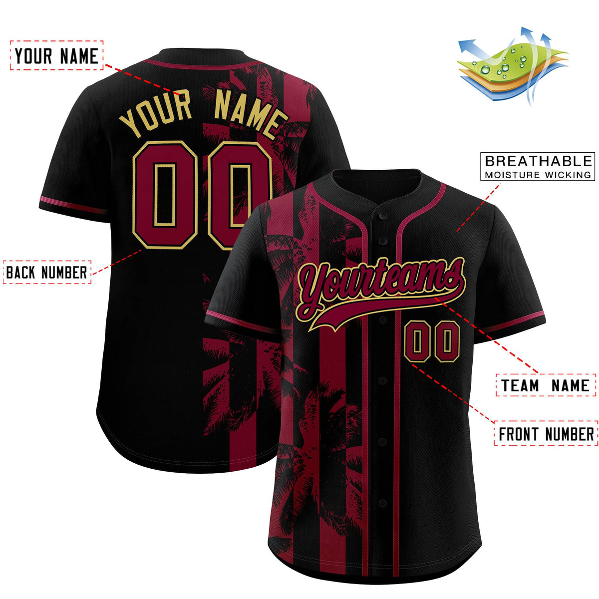 Custom Black Crimson Split Fashion Coconut Tree Design Authentic Baseball Jersey| KXKSHOP