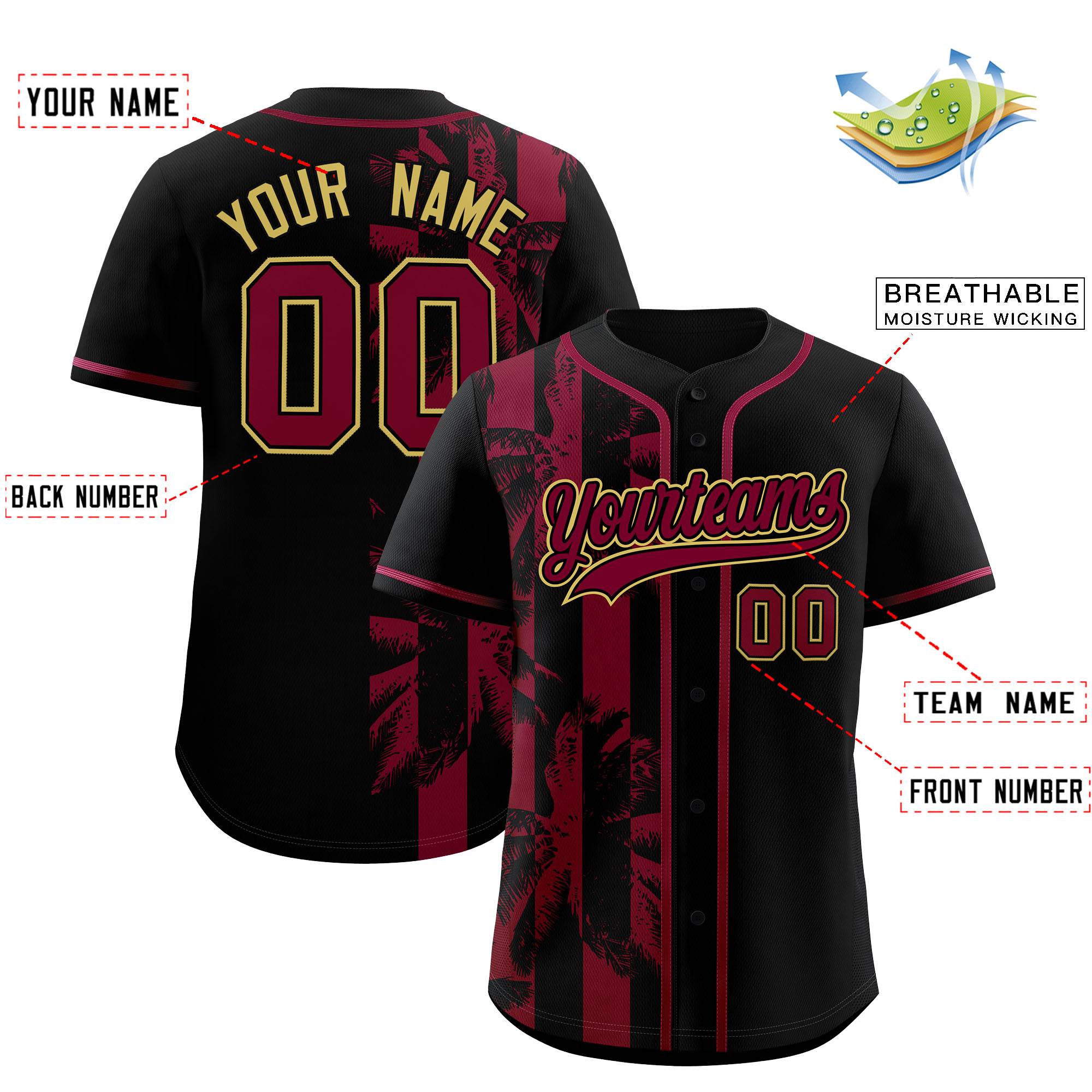 Custom Black Crimson Split Fashion Coconut Tree Design Authentic Baseball Jersey| KXKSHOP