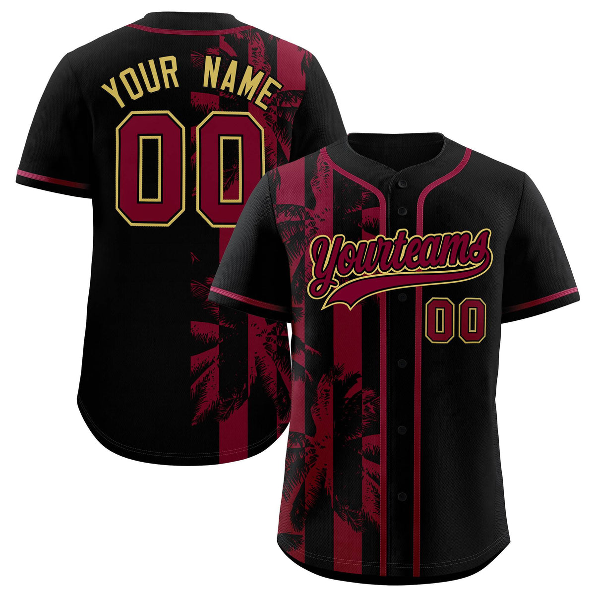 Custom Black Crimson Split Fashion Coconut Tree Design Authentic Baseball Jersey| KXKSHOP