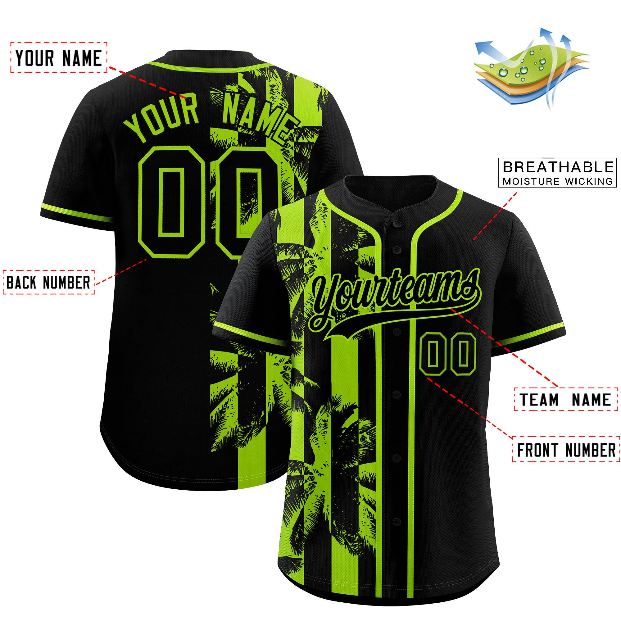 Custom Black Neon Green Split Fashion Coconut Tree Design Authentic Baseball Jersey| KXKSHOP