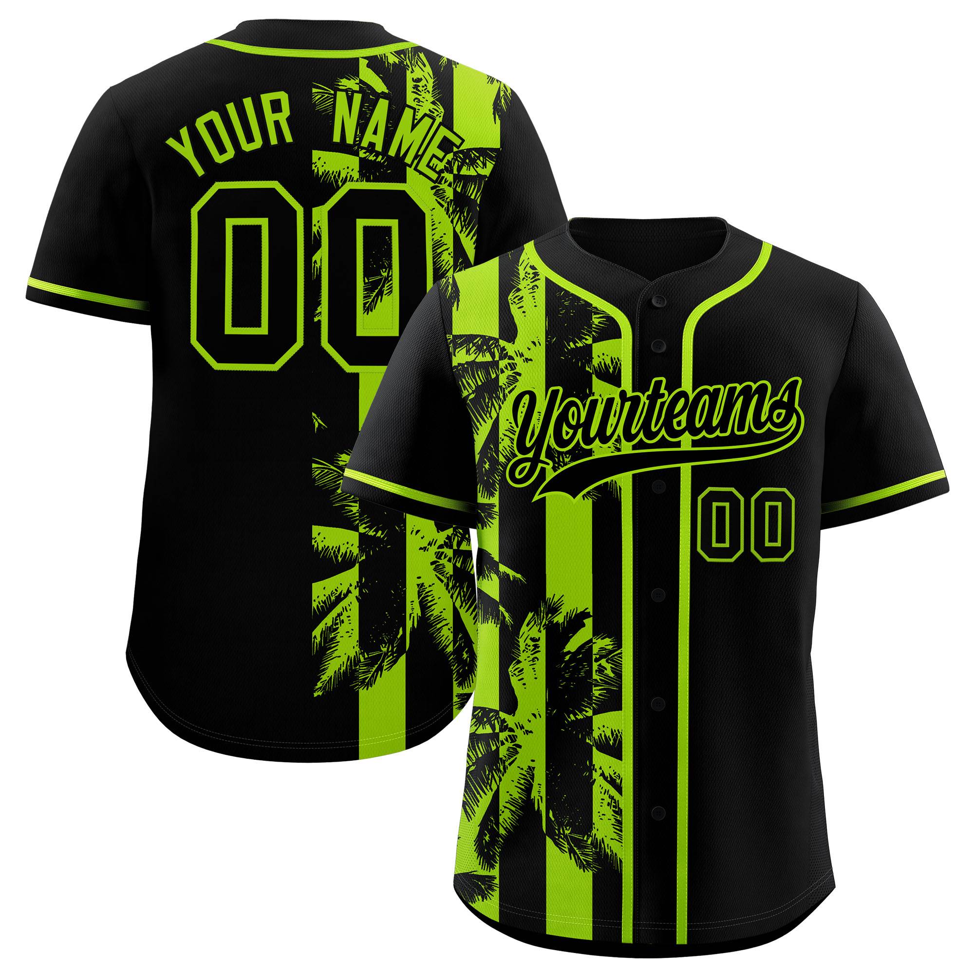 Custom Black Neon Green Split Fashion Coconut Tree Design Authentic Baseball Jersey| KXKSHOP