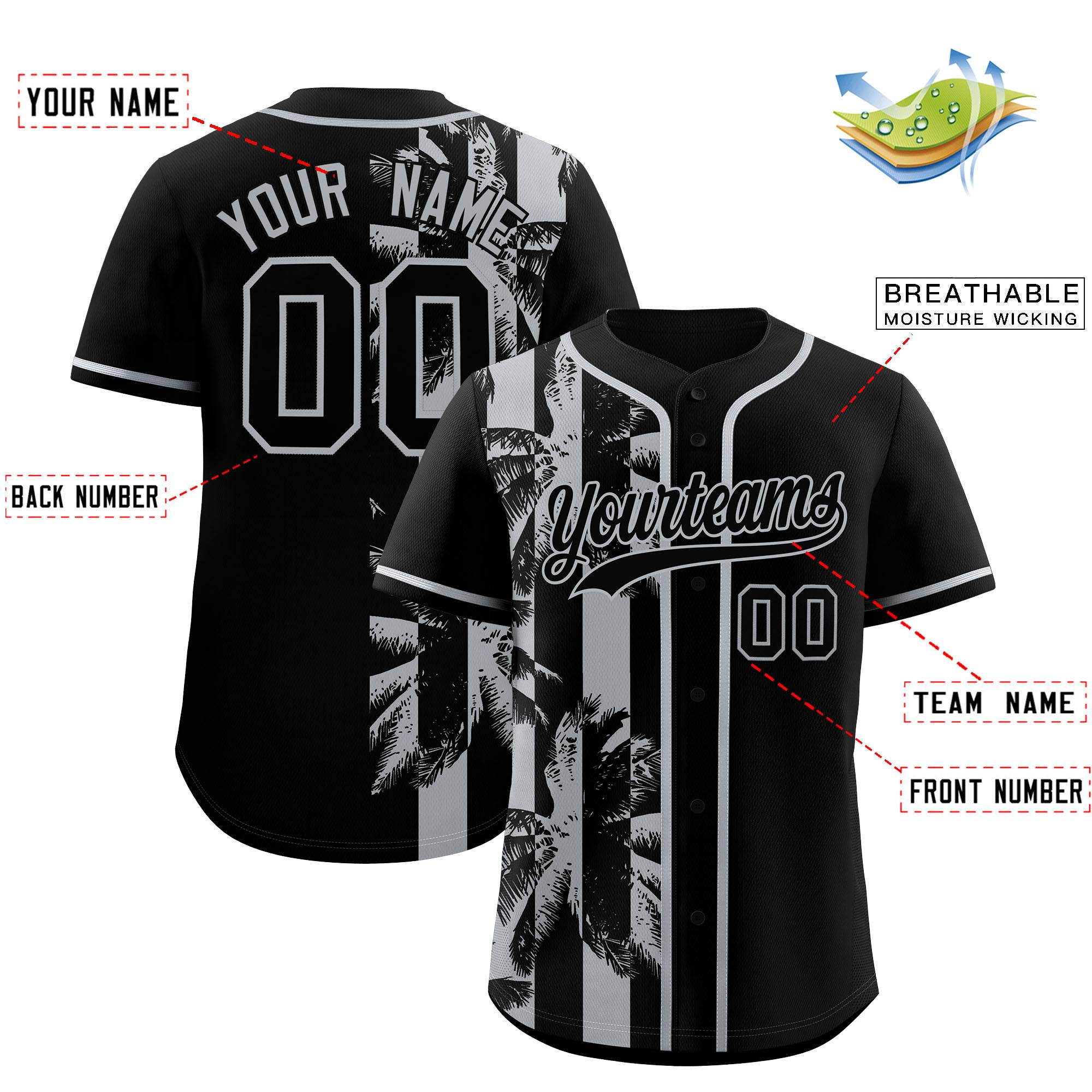 Custom Black Gray Split Fashion Coconut Tree Design Authentic Baseball Jersey| KXKSHOP