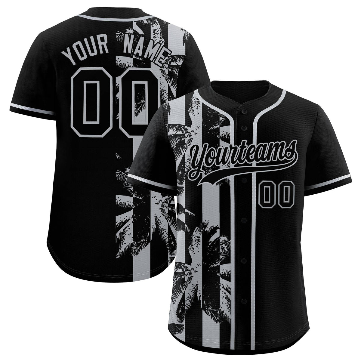 Custom Black Gray Split Fashion Coconut Tree Design Authentic Baseball Jersey| KXKSHOP