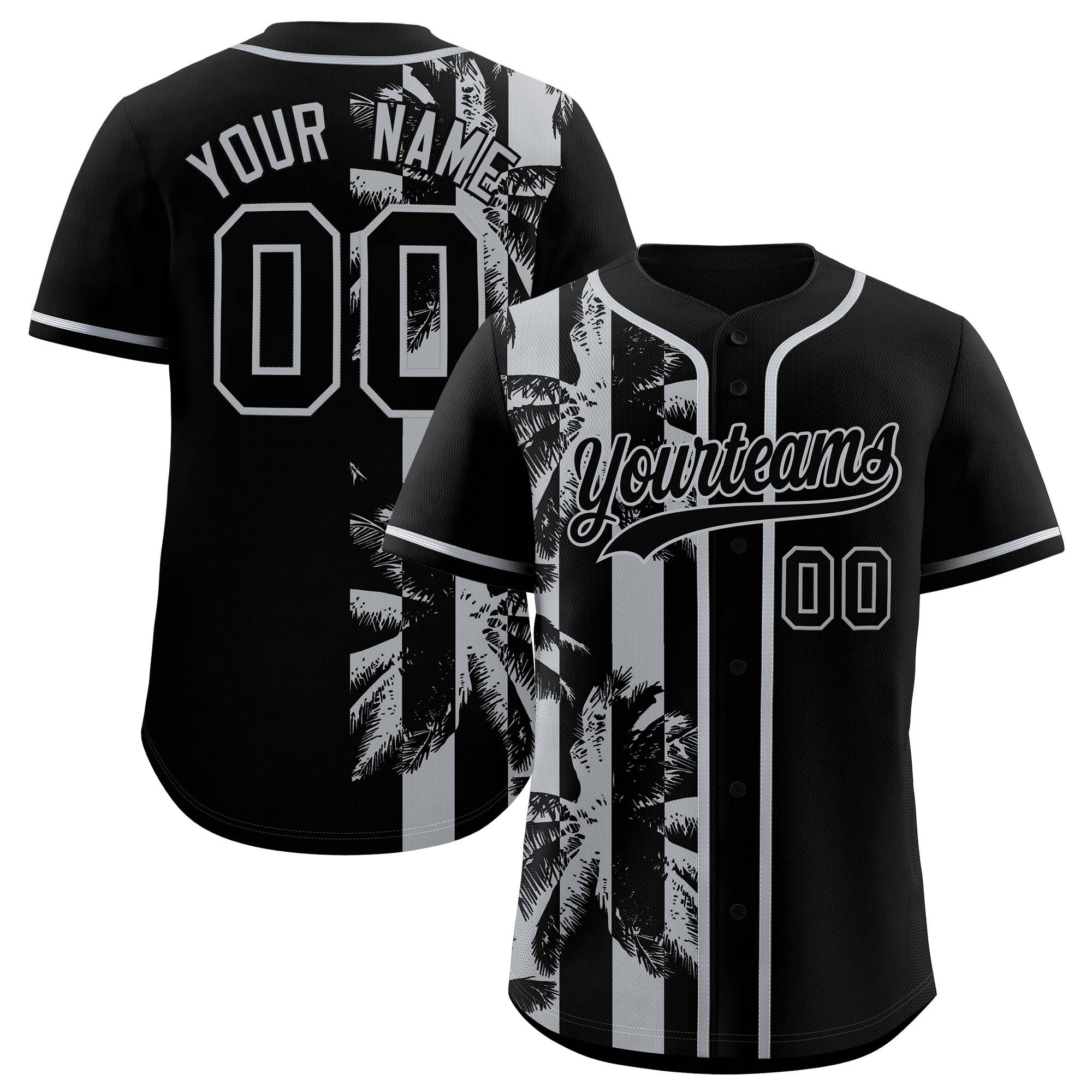Custom Black Gray Split Fashion Coconut Tree Design Authentic Baseball Jersey| KXKSHOP