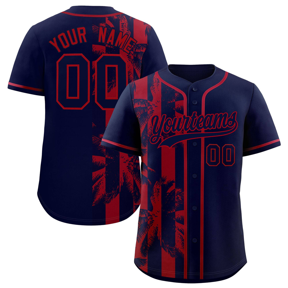 Custom Navy Red Split Fashion Coconut Tree Design Authentic Baseball Jersey| KXKSHOP