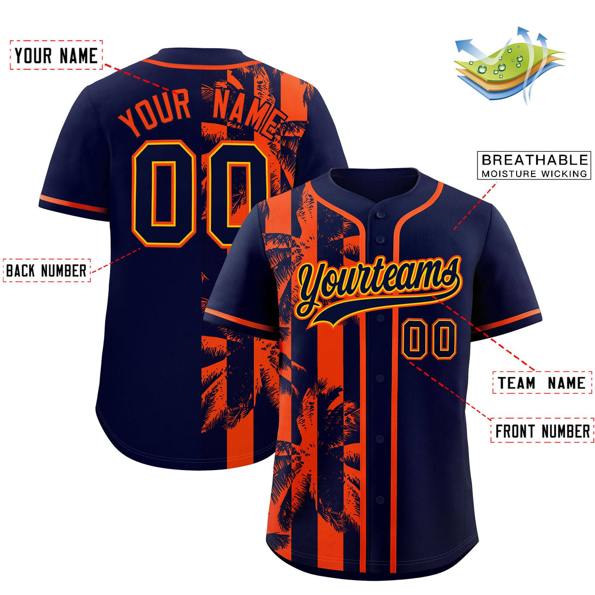 Custom Navy Orange Split Fashion Coconut Tree Design Authentic Baseball Jersey| KXKSHOP