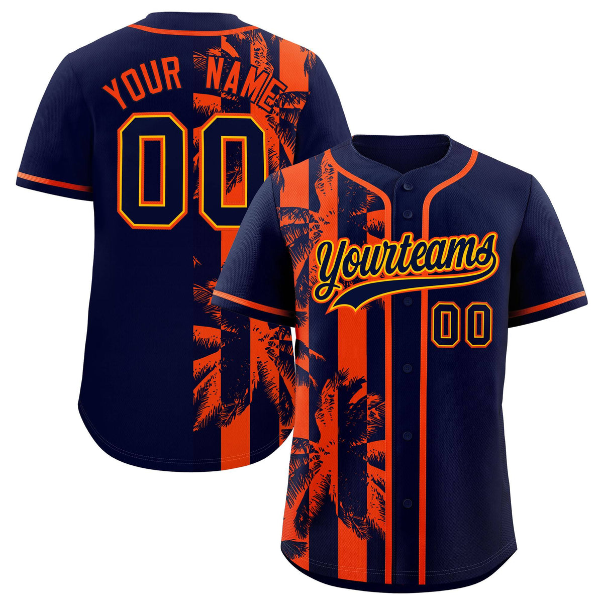 Custom Navy Orange Split Fashion Coconut Tree Design Authentic Baseball Jersey| KXKSHOP