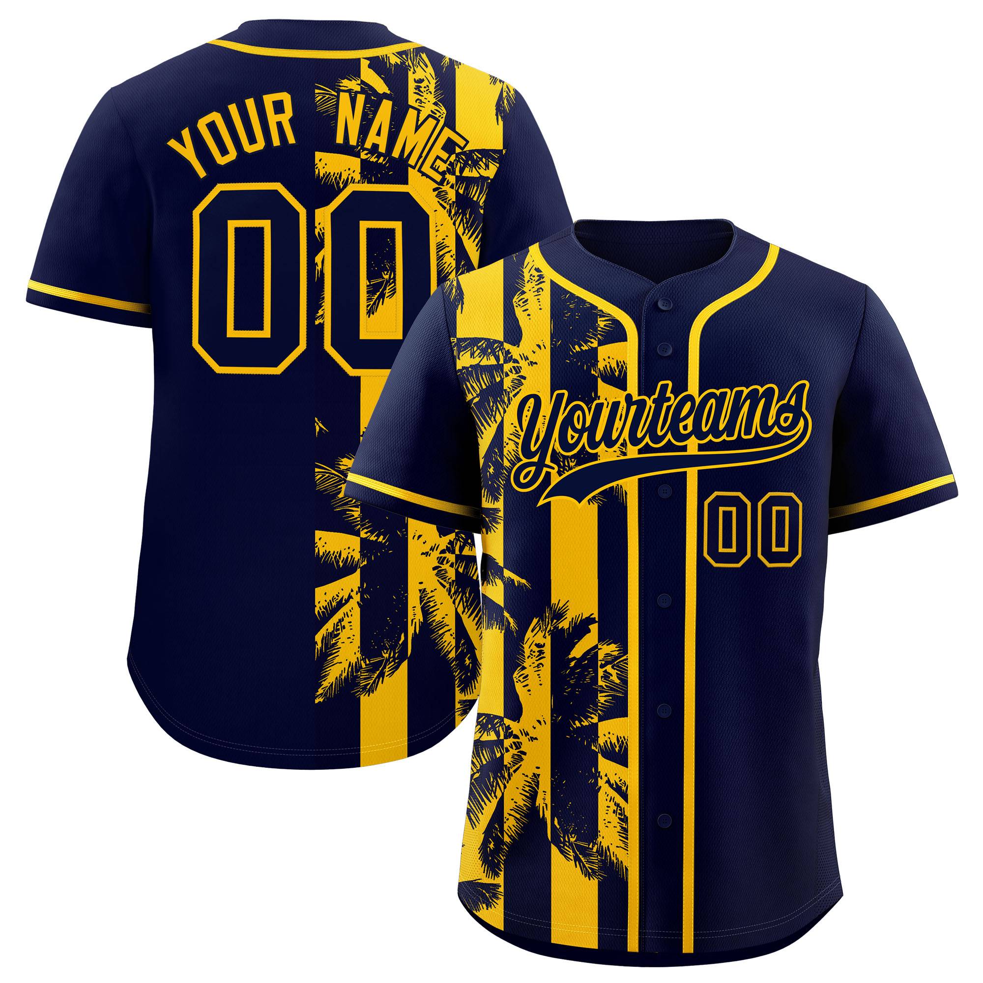 Custom Navy Yellow Split Fashion Coconut Tree Design Authentic Baseball Jersey| KXKSHOP